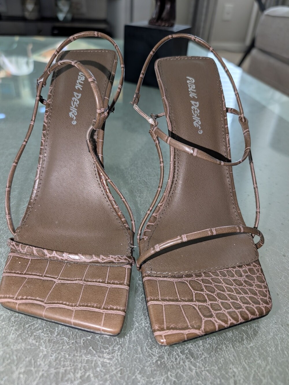 Brown Croc-Embossed Strappy Mid-Heel Sandal - Picture 3 of 7